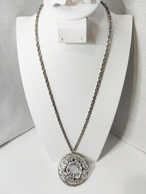 Vintage Jonette Jewelry Signed JJ Modernist Silver Medallion Necklace